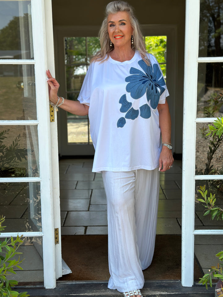 Denim Floral Appliqué Tee | White