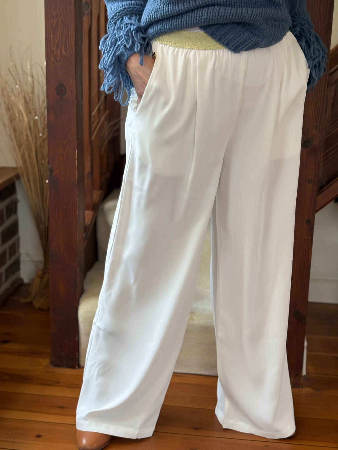 Woven Wide Leg Trouser Sparkle Waist Malissa J | White - Mandy's Heaven 