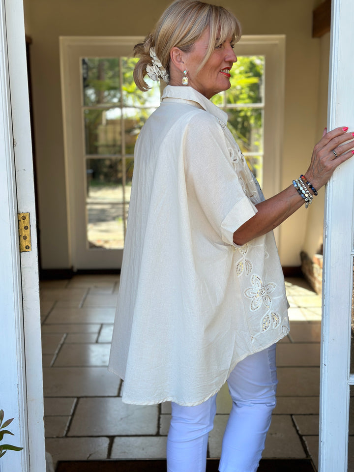 Sequin Floral Cotton Blend Shirt | Cream