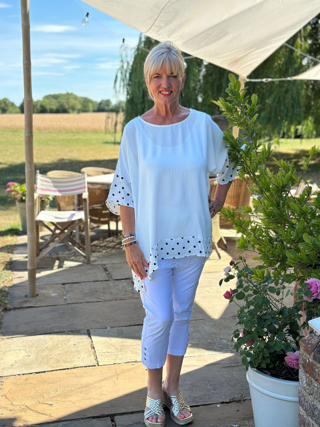 Polka Dot Trim Cotton Top | White