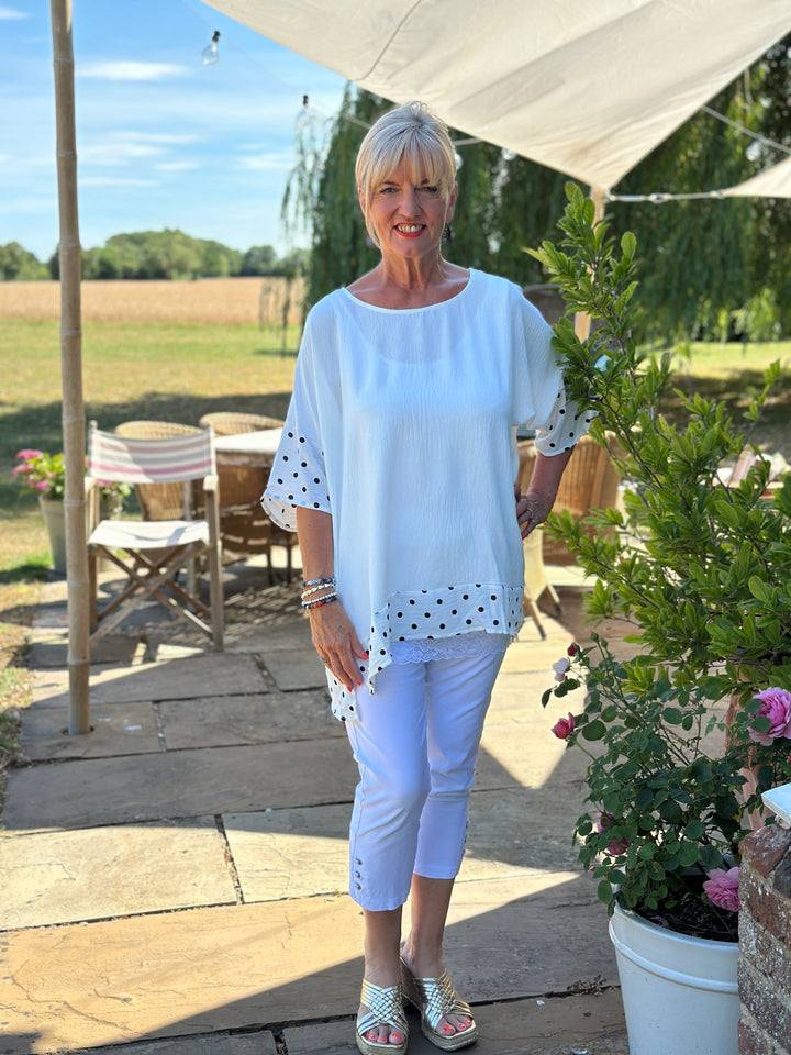 Polka Dot Trim Cotton Top | White