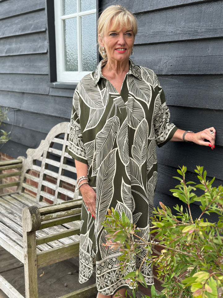 Palm Print Shirt Dress | Khaki