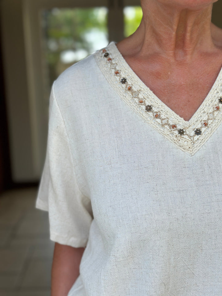 Lace Trim V-Neck Cotton Blend Top | Ivory