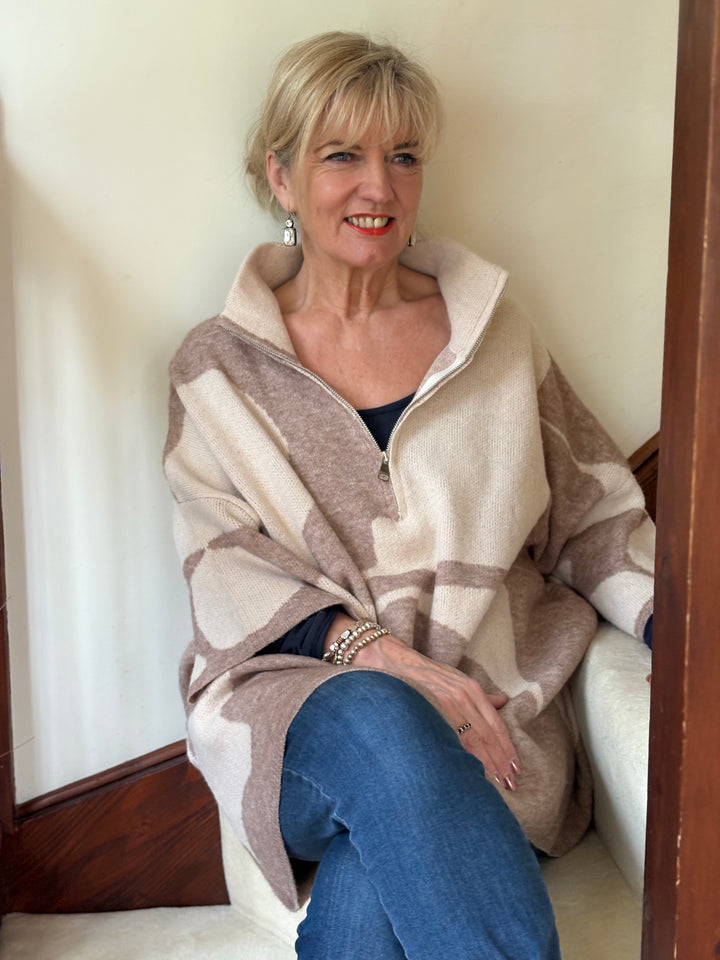 Cosy Zip High Neck Print Knit Jumper | Beige