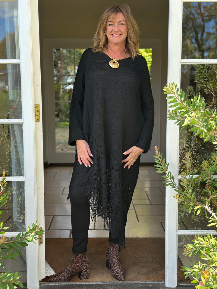 Lace Hem Knitted Jumper Dress | Black