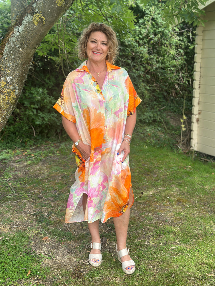 Watercolour Floral Sun Dress | Orange