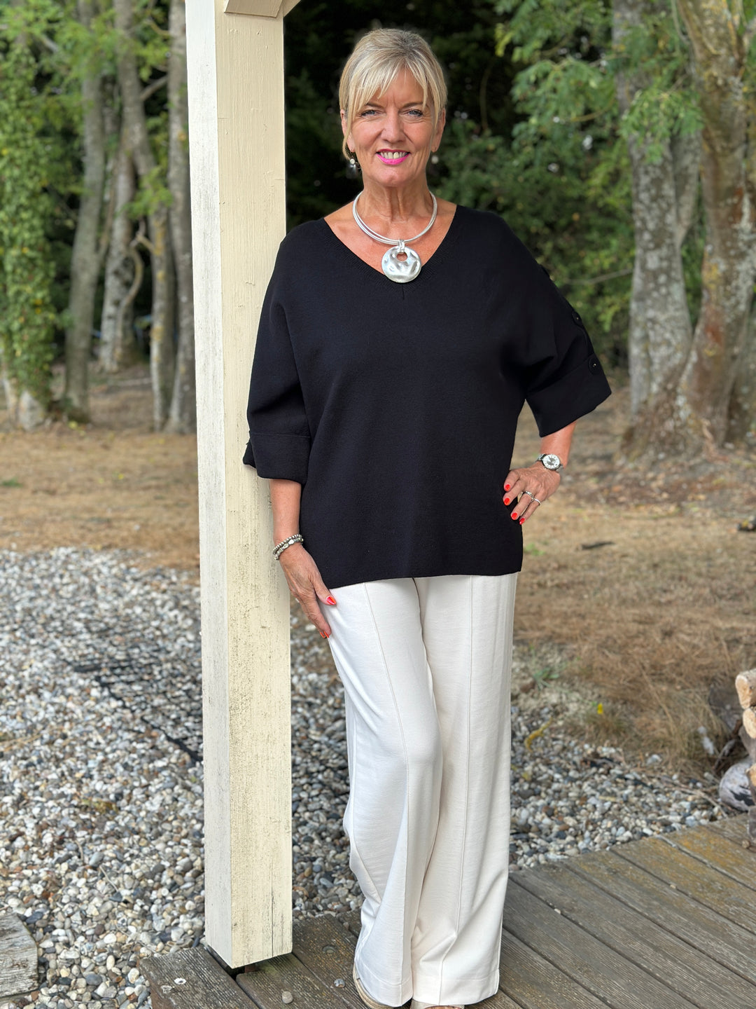 Elbow Length Button Detail V Neck Jumper - Malissa J | Black