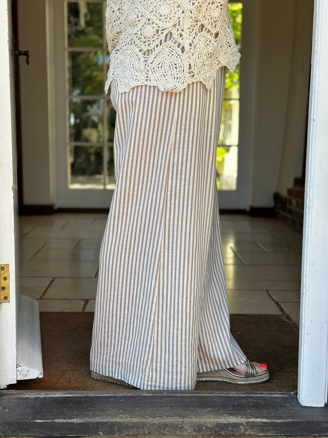Wide Leg Linen Stripe Trouser | Beige