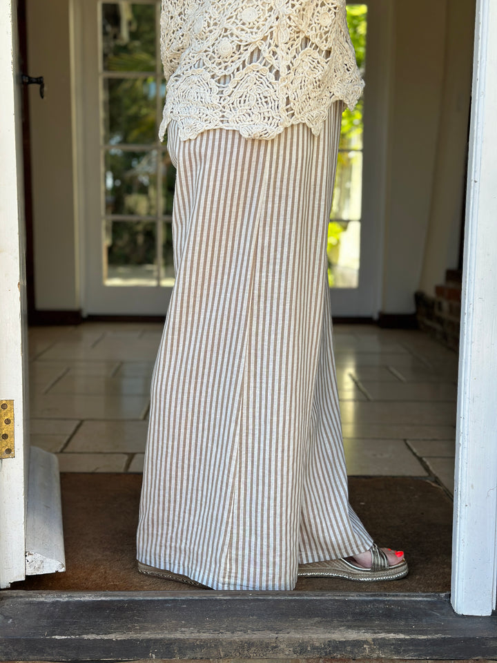 Wide Leg Linen Stripe Trouser | Beige
