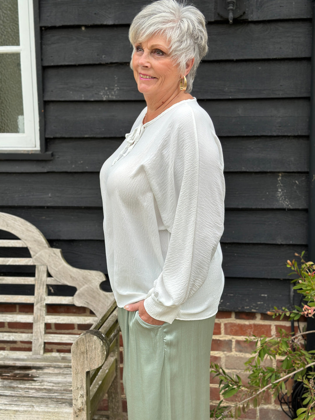 Long Sleeve Lightweight Top With Ties | White