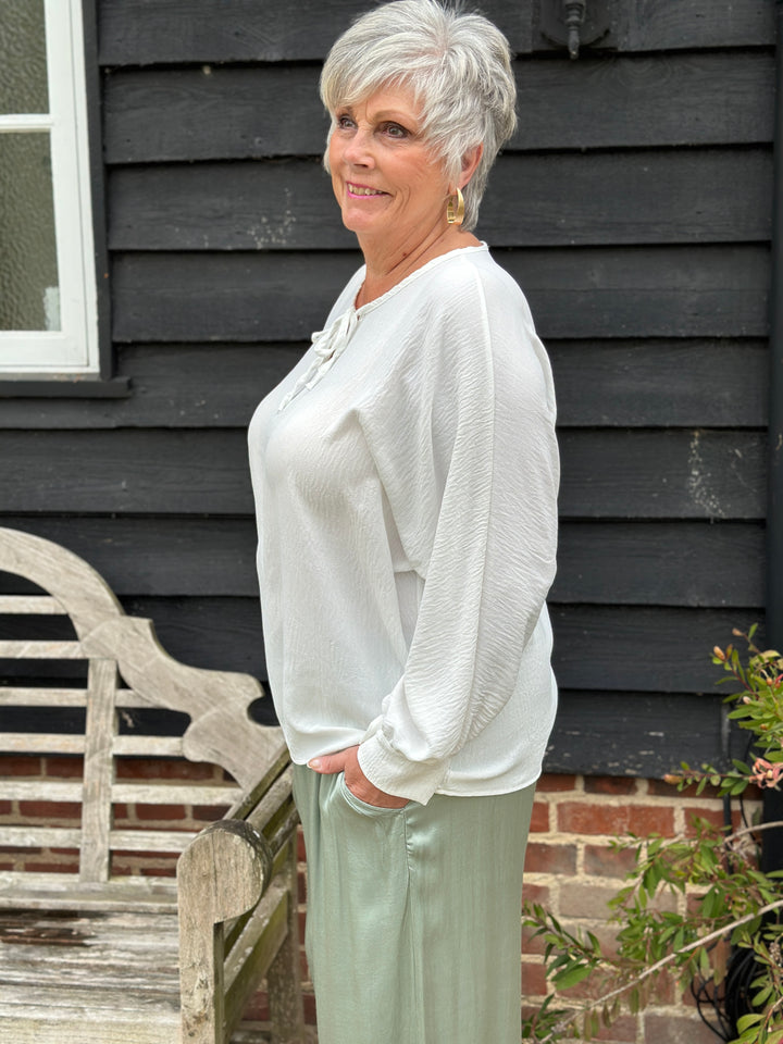 Long Sleeve Lightweight Top With Ties | White