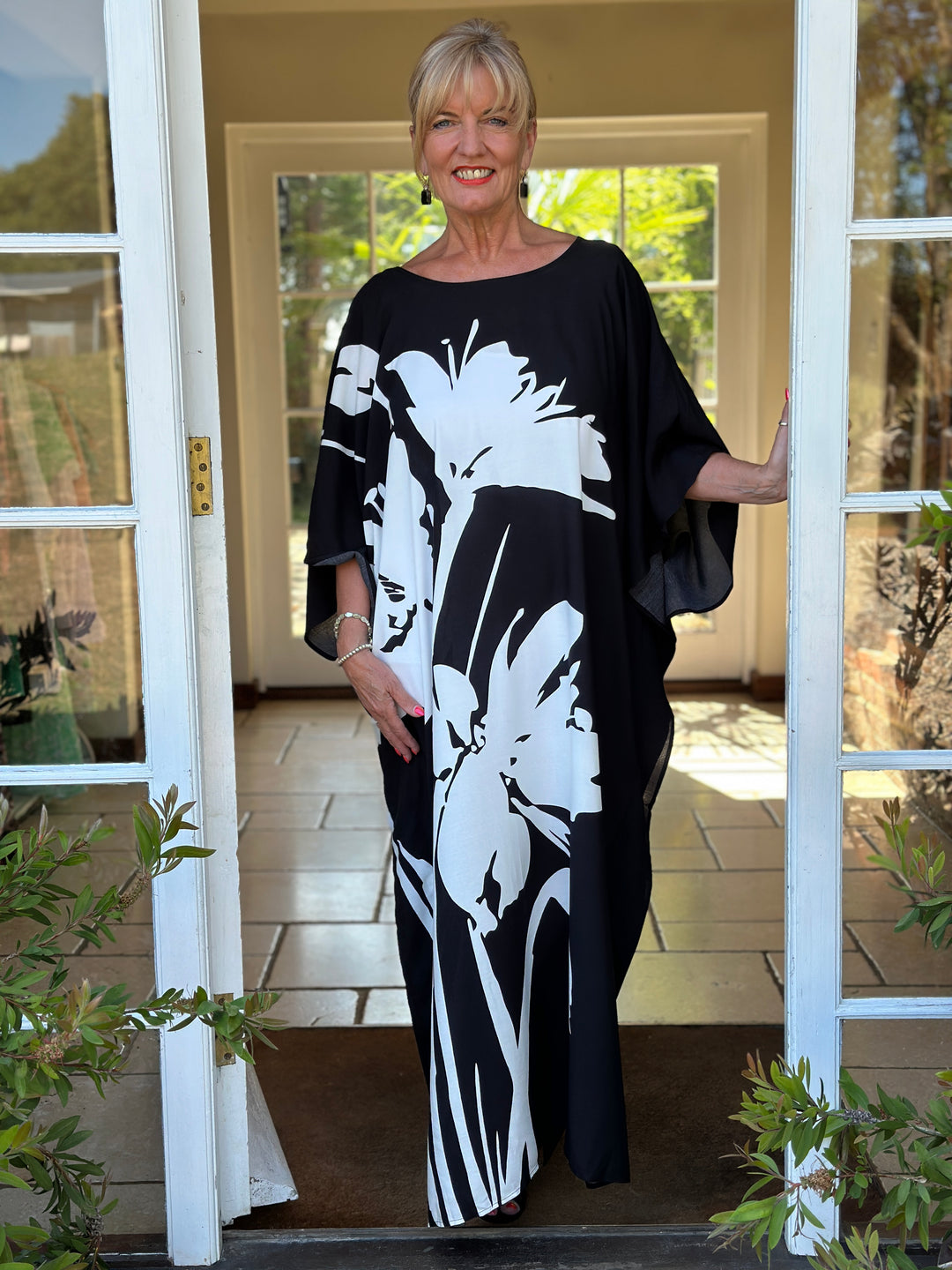 Monochrome Floral Kaftan Dress | Black & White