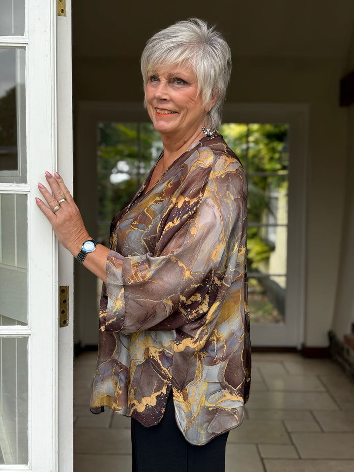 Naomi Marble Silk Blouse | Brown