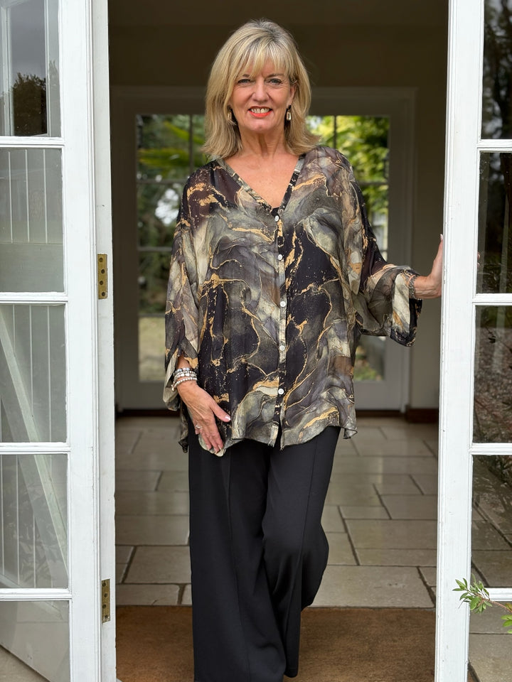 Naomi Marble Silk Blouse | Black