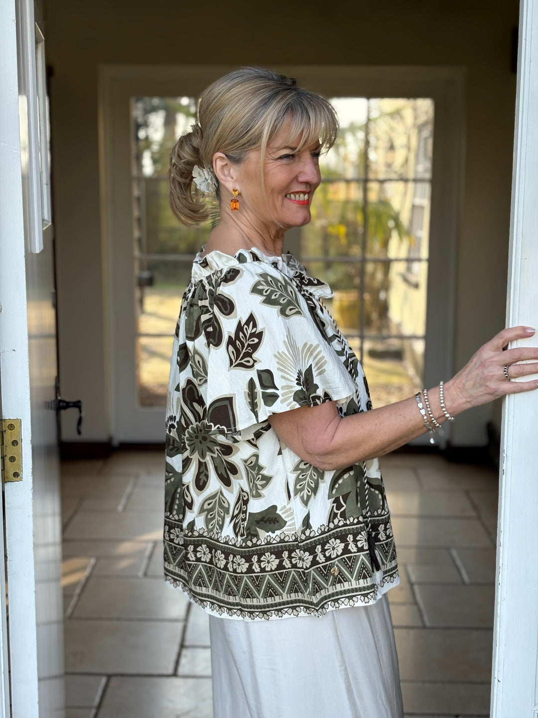 Botanical Print Ruffle Top - Malissa J | Khaki