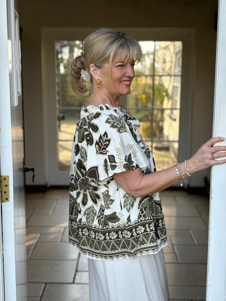 Botanical Print Ruffle Top - Malissa J | Khaki