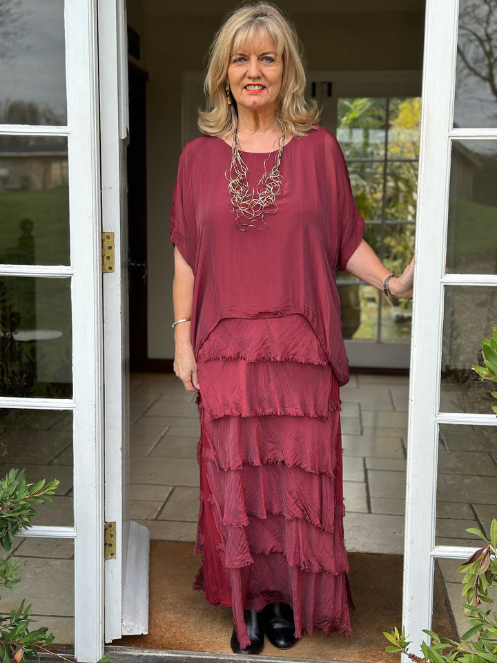Silk Tiered Ruffle Dress | Burgundy