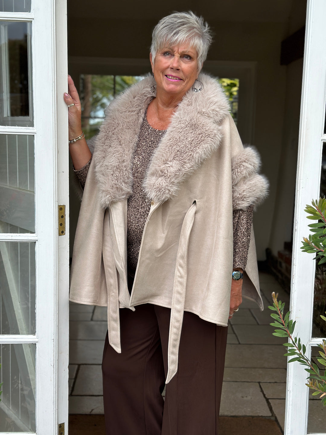 Faux Fur Trim Cape | Beige