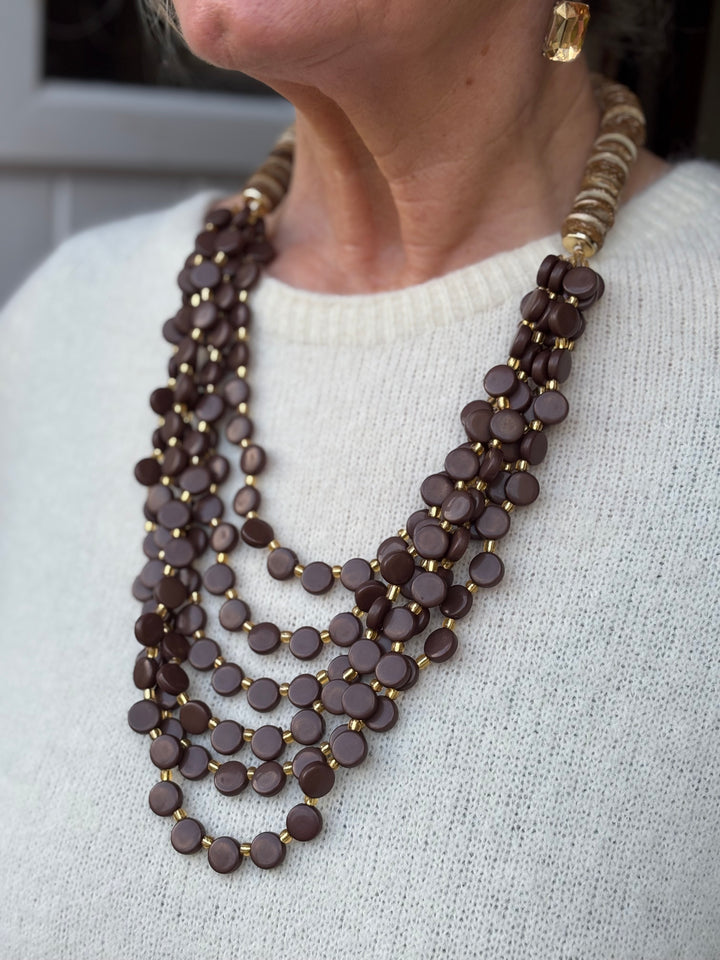Coconut Shell & Mini Circle Bead Necklace | Chocolate & Gold