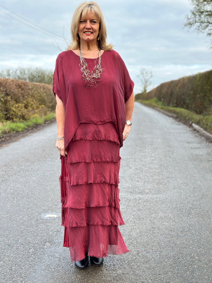 Silk Tiered Ruffle Dress | Burgundy