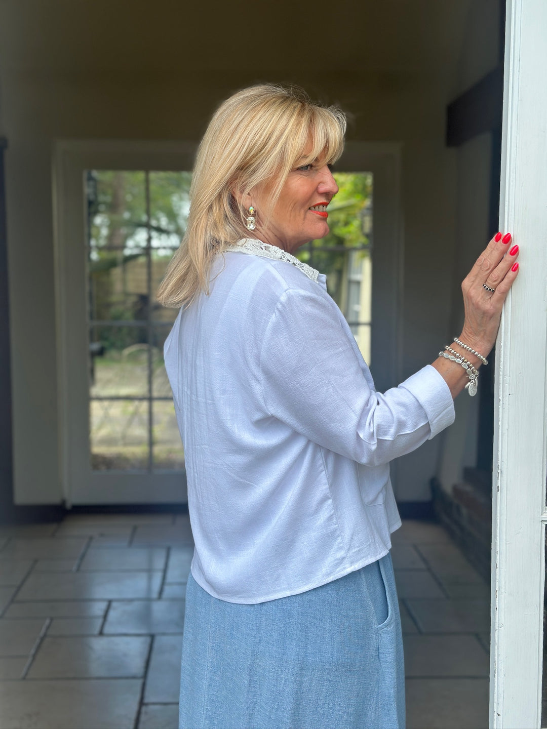 Embroidered Collar Linen Shirt | White