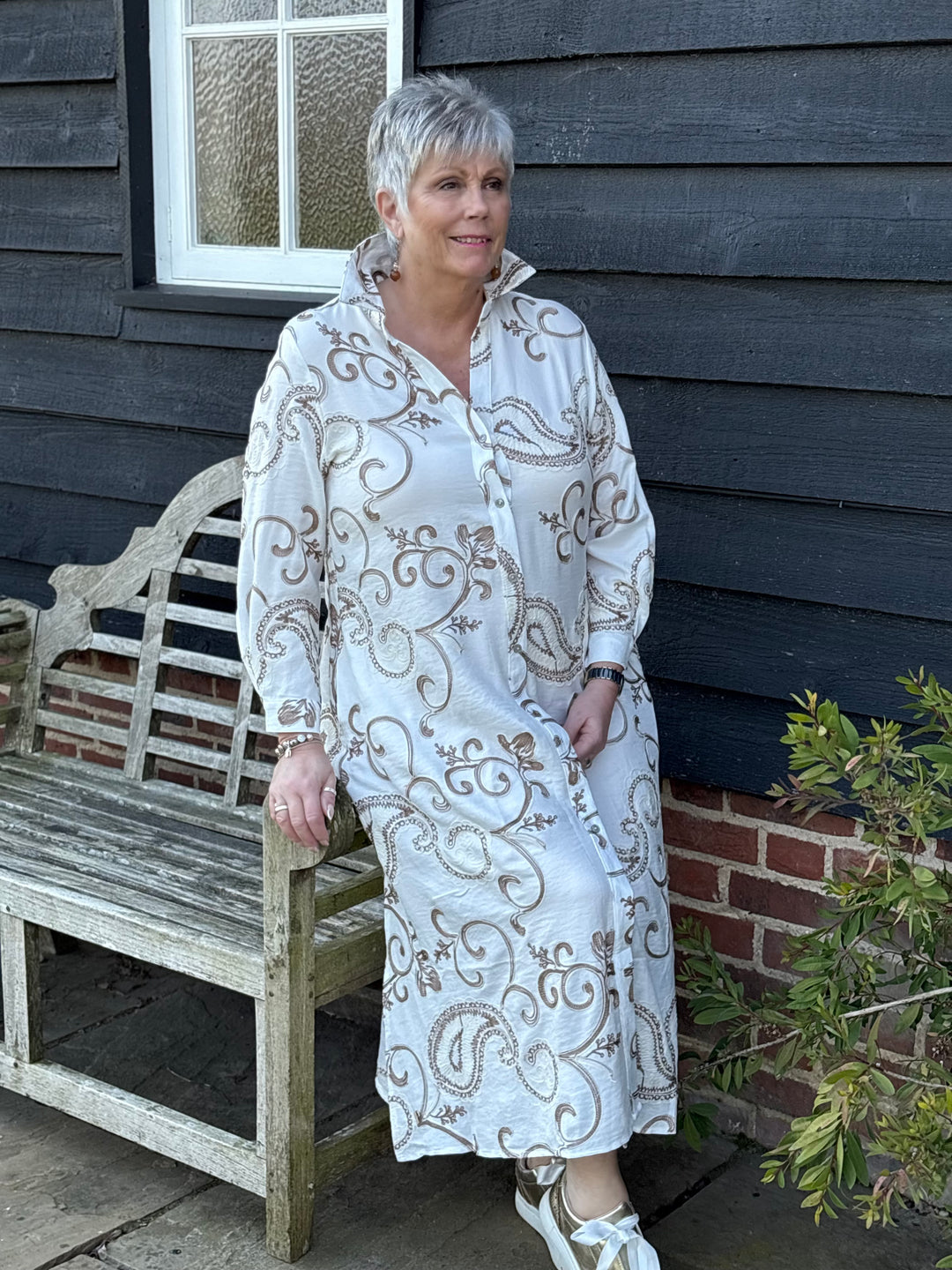 Embroidered Paisley Longline Shirt Dress - Malissa J | Latte