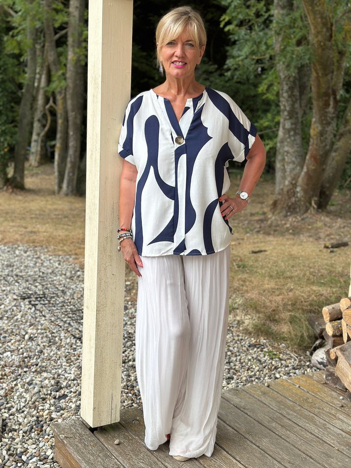 Swirl Print Button-Neck Top | Navy