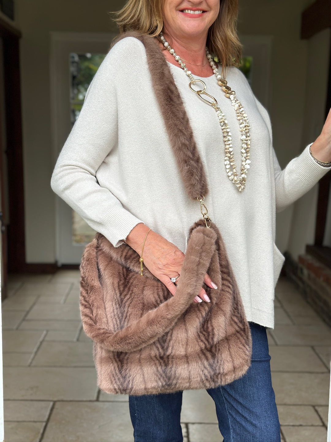 Faux Fur Shoulder Bag - Malissa J | Light Brown Feather Stripe