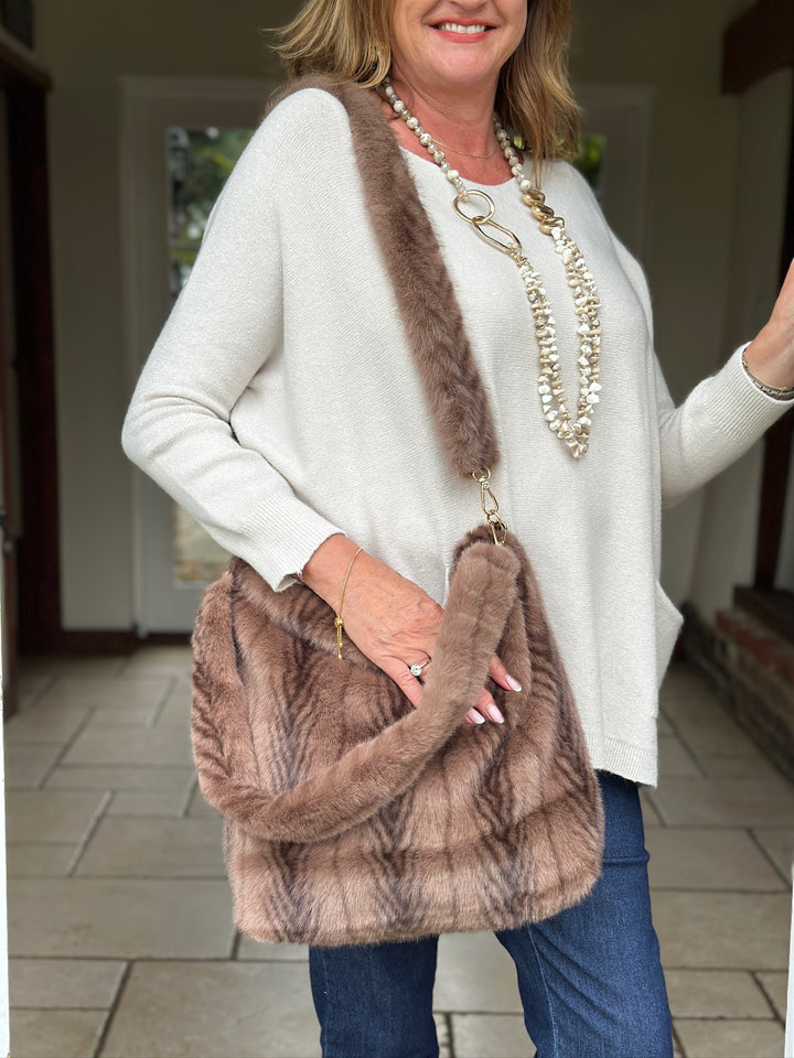 Faux Fur Shoulder Bag - Malissa J | Light Brown Feather Stripe