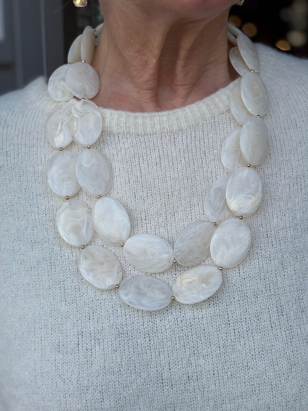 Multi Oval Bead Long Necklace | Cream & Gold