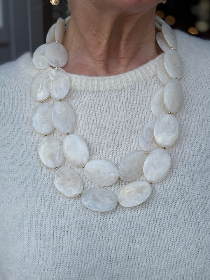 Multi Oval Bead Long Necklace | Cream & Gold