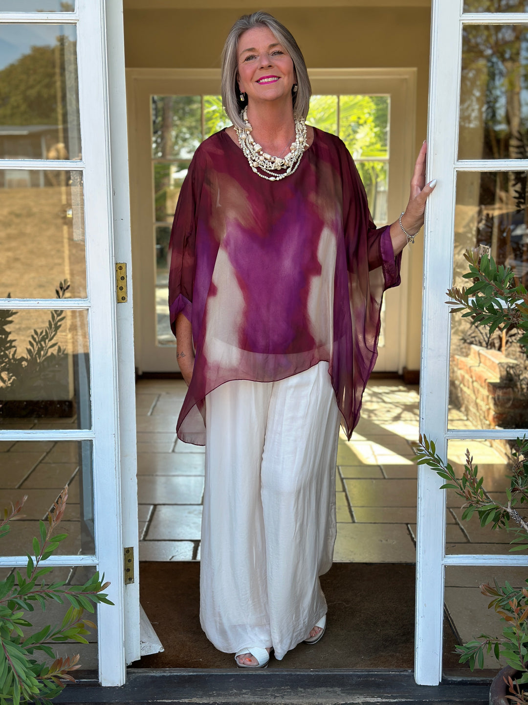 Mia Watercolour Silk Blouse | Magenta