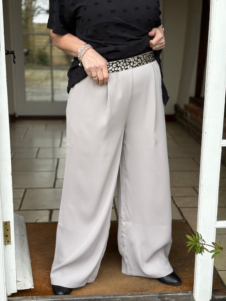 Woven Wide Leg Trouser Animal Print Waist Malissa J | Stone - Mandy's Heaven 