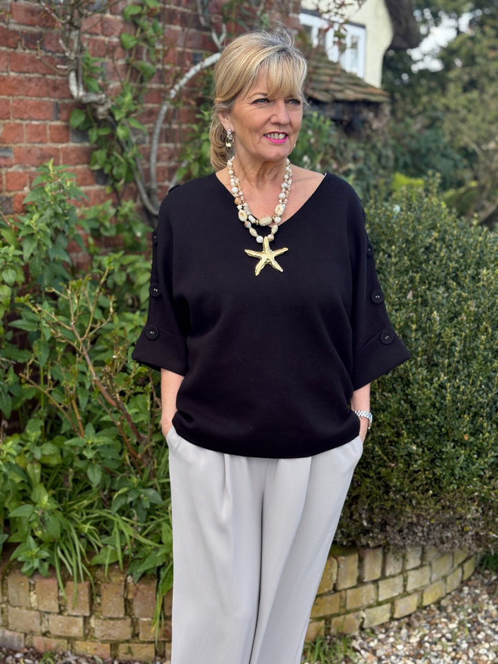 Elbow Length Button Detail V Neck Jumper - Malissa J | Black