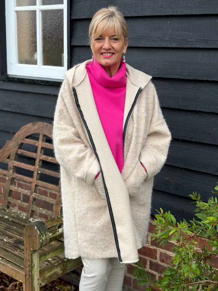Brushed Hooded Zip Coat | Cream