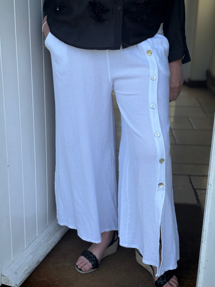 Button Detail Linen Trouser | White