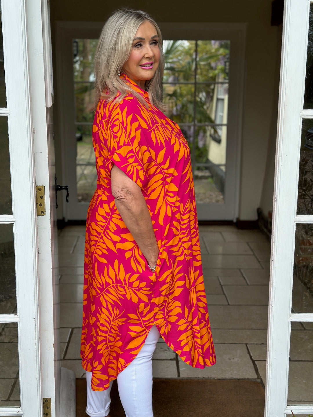 Abstract Print Tunic Dress | Fuchsia & Orange Leaf