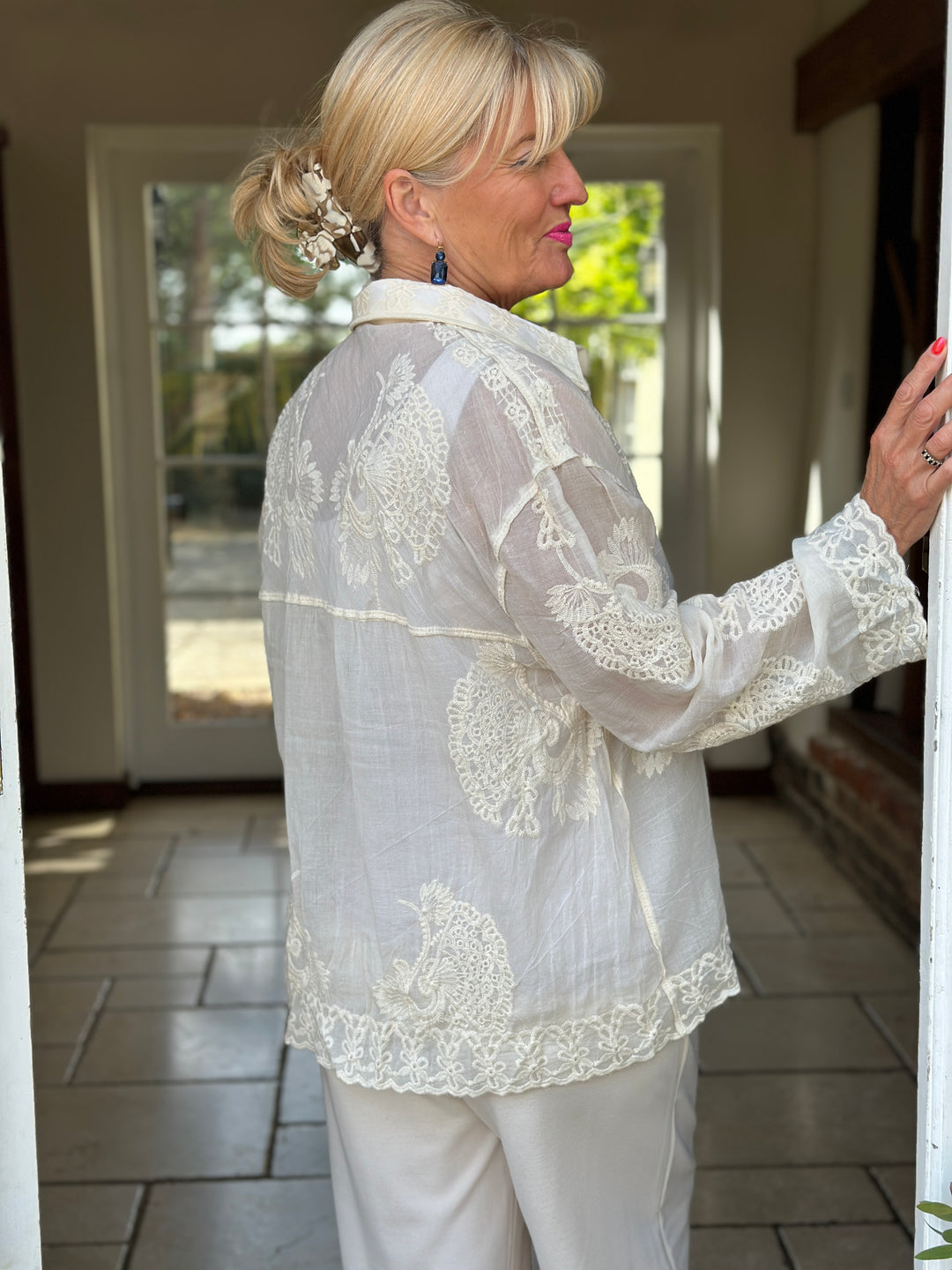 Cotton Embroidered Lace Shirt | Beige