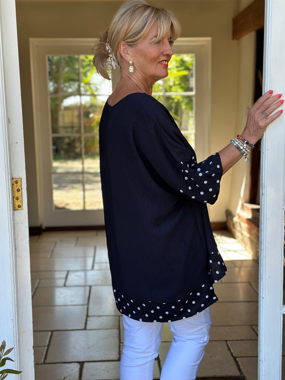Polka Dot Trim Cotton Top | Navy