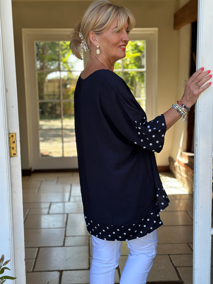 Polka Dot Trim Cotton Top | Navy