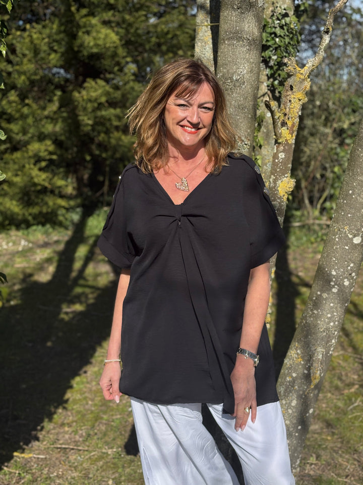 Textured Gold Button Bow Top | Black