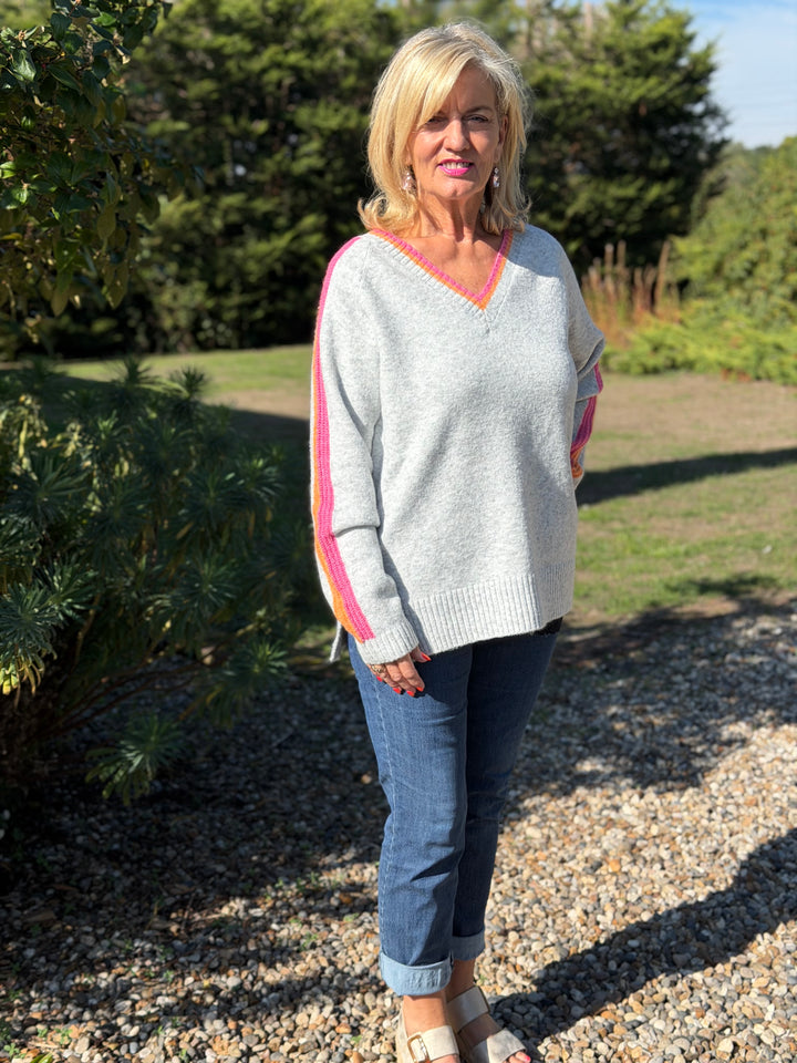 Stripe Sleeve Knit Jumper  | Silver