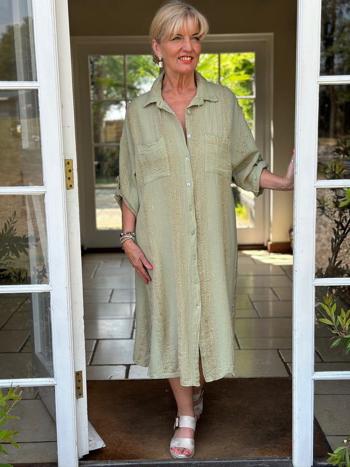 Metallic Stripe Shirt Dress | Sage
