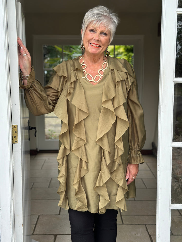 Ruffle Detail Sheer Tunic Blouse | Khaki