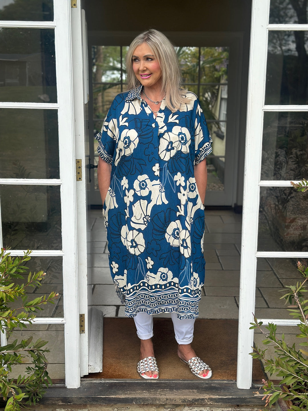 Garden Print Tunic Collar Dress | Teal