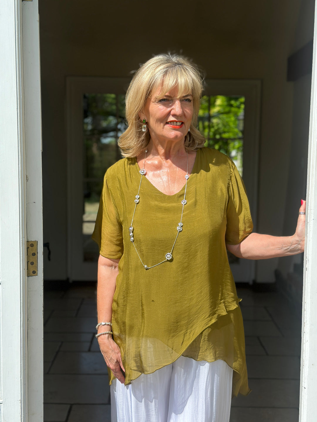 Layered Floaty Silk Blouse | Olive