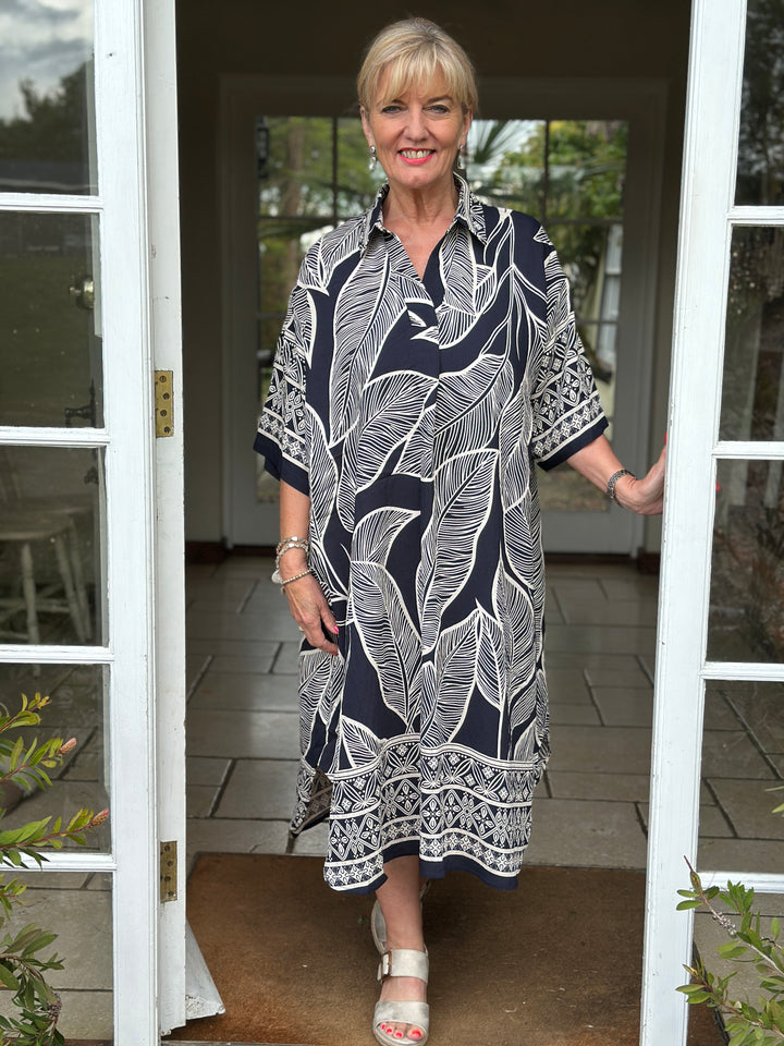 Palm Print Shirt Dress | Navy