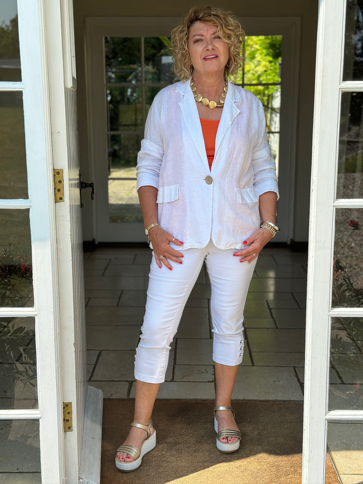 Linen-Blend Button Blazer | White