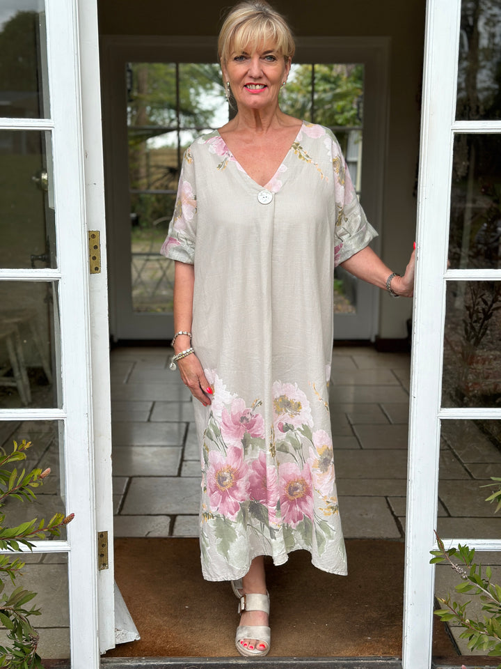 Linen Blend Floral Dress | Light Taupe