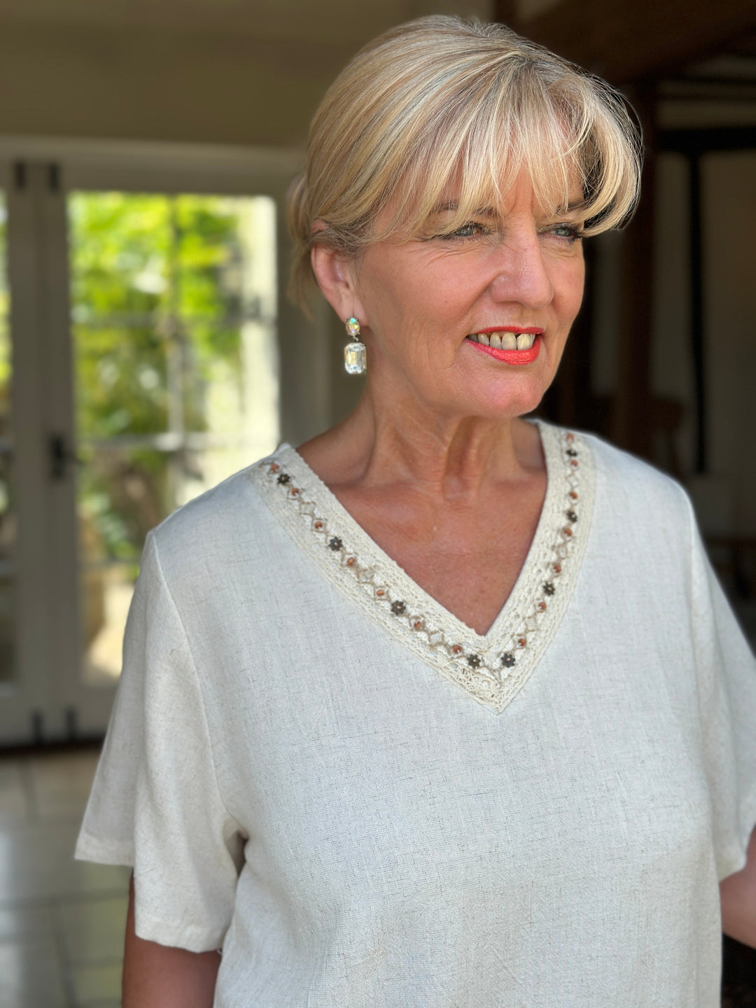 Lace Trim V-Neck Cotton Blend Top | Ivory